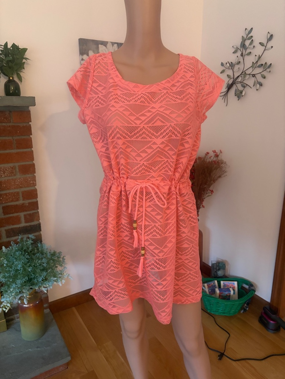 Atmosphere Coral Lace Drawstring Beach Cover-Up